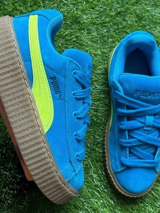 Puma Shoes - NWOT Puma Kids 5.5 / Women 7 Blue Suede Sneakers w/ Neon Yellow Stripe
